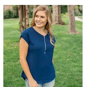 NWT Rogue Society Navy Zip Up Cuff Sleeve Blouse size medium